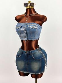 SHEIN Women's Sexy Fashion Street Snap Single-Breasted Cropped Bustier Denim Top, Summer - Blue - View 6