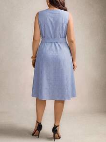 Zelara Vestido midi sin mangas con cuello cuadrado, estampado de rayas y cinturón para tallas grandes - Azul y blanco - Ver 2