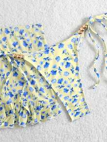 Swim SXY 3pcs Floral Print Halter Beaded Top, Tie-Front Swim Bottoms And Skirt Bikini Set - Multicolor - View 4