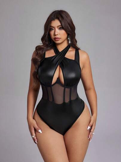 Viva Relle 大码女式春夏黑色仿皮性感镂空绷带休闲法式弹力针织百搭舒适叠穿上衣，优雅性感年轻女士服装