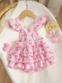 SHEIN Vintaside Kids Baby Girls' Cute & Fun Comfortable Woven Fabric Cap Sleeve Multilayer Ruffle Strap Romper, Suitable For Spring & Summer - Pink - View 4