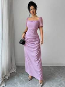 SHEIN Elenzya Square Neck Waist Cinched Elegant Romantic Refined Women's Dress, Short Sleeve - Mauve Purple - View 4