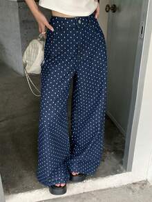 Quần jeans ống rộng chấm bi dáng rộng thoải mái dành cho nữ - Màu xanh lam - Xem 4