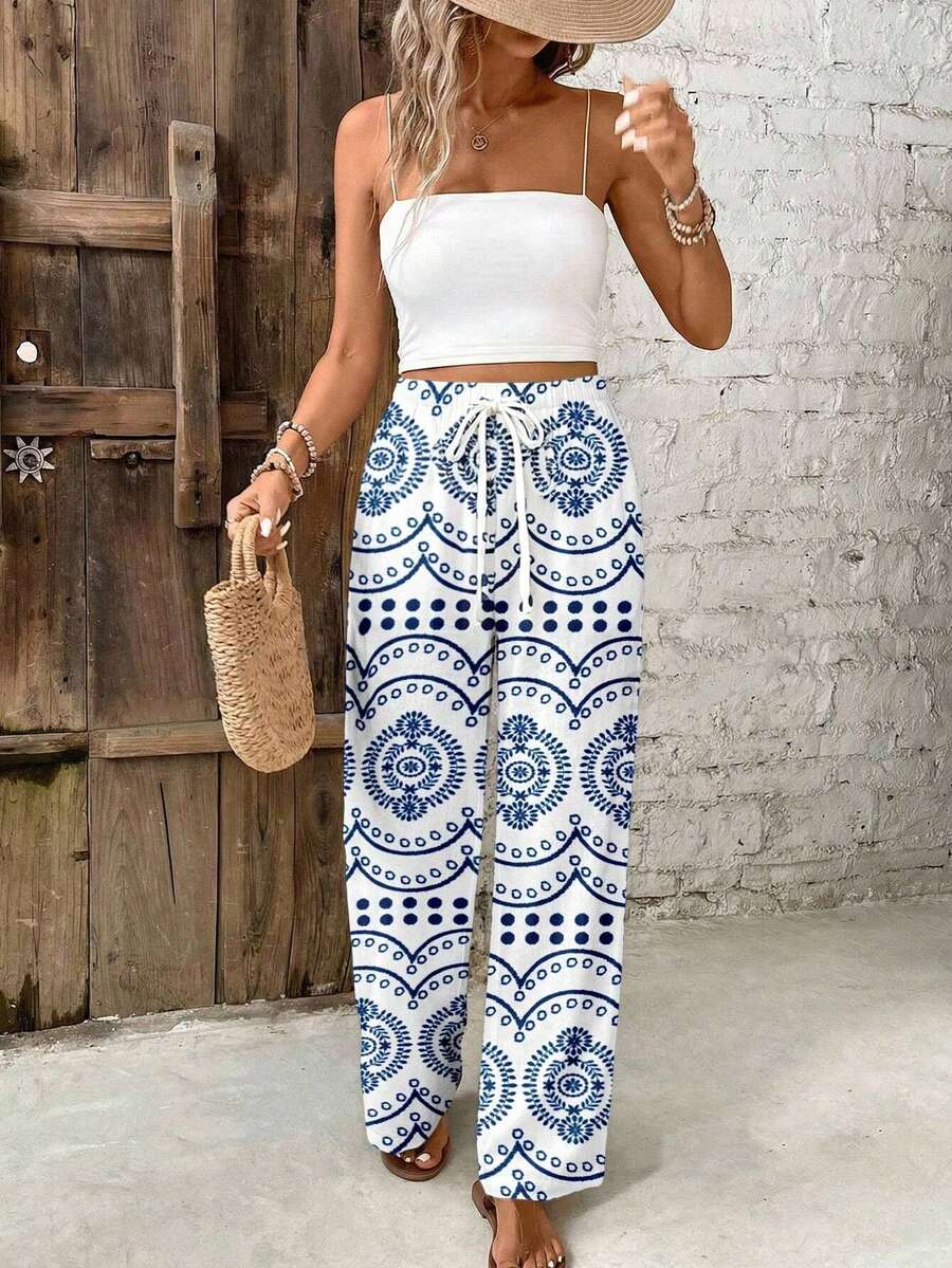 SHEIN Frenchy Quần nữ cạp chun in hoa phong cách retro bohemian, thích hợp cho kỳ nghỉ biển, tiệc cưới, đi chơi, đi làm, phong cách thanh lịch. - Nhiều màu - Xem 1