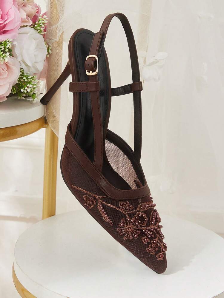 CUCCOO HITCHD Women Shoes Spring Summer Elegant Pearl Embroidery After Empty Tip Hasp Stiletto Mesh 9cm Women's High Heel Shoes Daily Dating Party Wedding