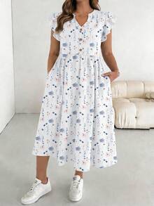 SHEIN Essnce Plus Size Women's Casual Floral Print Short Sleeve Dress, Suitable For Spring And Summer, White Dress - Multicolor - View 4