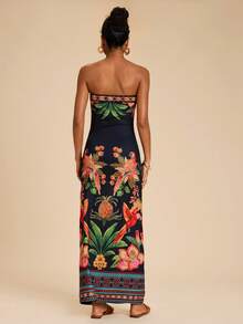 Travachic Women's Tropical Print Strapless Dress, Summer Vacation - Black - View 2