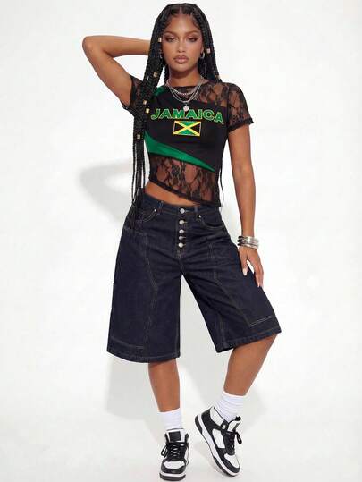 Gowayae Gowayae Women's Summer Fashion Fitted Colorblock Lace Patchwork Letter Graphic Round Neck Short Sleeve Jamaica Flag Print Sporty T-Shirt Top