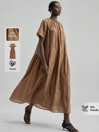 Ontre Tencel Fabric Women's Long Dress, Lyocell Composition, Khaki Color, Minimalist Comfortable Style, Raglan Sleeve, Ruched Design, Flared Skirt, Real Pockets, Versatile For All Seasons, Modern Urban Casual Business Commuter High-Quality Airport Fashion Women's Midi Dress Modern Urban Fashion Business Casual Women's Wear Office Attire Understated Old-Money Style Free Belt
