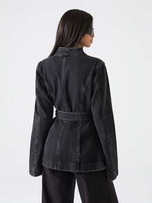 LYSMO Áo khoác denim tay dài, một hàng khuy, túi, thiết kế thắt lưng đơn giản dành cho nữ - Màu xanh hải quân - Xem 2