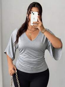 Elenzga 大码女式束腰休闲法式百搭T恤 - 灰色 - 查看 2