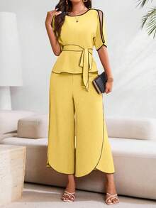 EMERY ROSE Elegant Women's Color Block Minimalist 2 Pieces Set For Daily Wear - Yellow - View 5