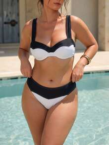 Swim Chiccia Plus Size Women's Summer Beach Contrast Color Sexy Bikini Swimwear Set - Multicolor - View 3