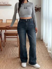 Enliva Plus Size Casual Washed High Waist Slim Fit Flare Jeans, For Apple And Rounded Body Shape - Blue - View 3