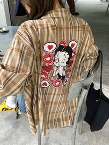 DAZY Camisa de mujer de manga larga con estampado de cuadros y dibujos animados - Caqui - Ver 5