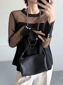 FRIFUL Damen Einfarbiges Mesh Patchwork Langarm Modisches T-Shirt - Schwarz - Übersicht 5