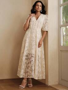 Anewsta Romantic French Style High-End Jacquard Petal Sleeve V-Neck Waist Flared Dress, Apricot Color, Suitable For Spring & Summer - Apricot - View 3