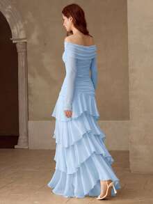 MOTF PREMIUM VESTIDO LARGO AJUSTADO CON TEXTURA, VOLANTES Y VOLANTES ACAMPANADOS PARA MUJER, OTOÑO/INVIERNO - Azul Agua - Ver 3