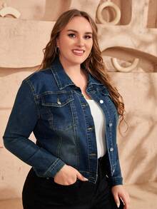 EMERY ROSE Plus Size Women Long Sleeve Single-Breasted Casual Denim Jacket - Dark Wash - View 5