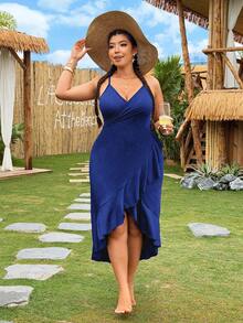 Swim Vcay Plus Size One-Piece Ruffled Wrap Backless Kimono - Navy Blue - View 4