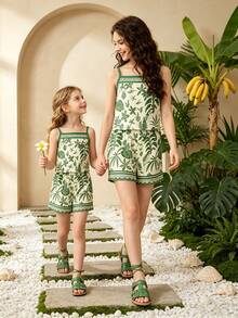 Conjunto de camiseta y shorts de cintura elástica con estampado de plantas tropicales versátil para niña preadolescente, ideal para vacaciones - Blanco - Ver 5