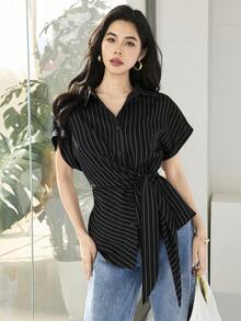 Heiryn 女士条纹休闲百搭日常衬衫 - 黑與白 - 查看 6