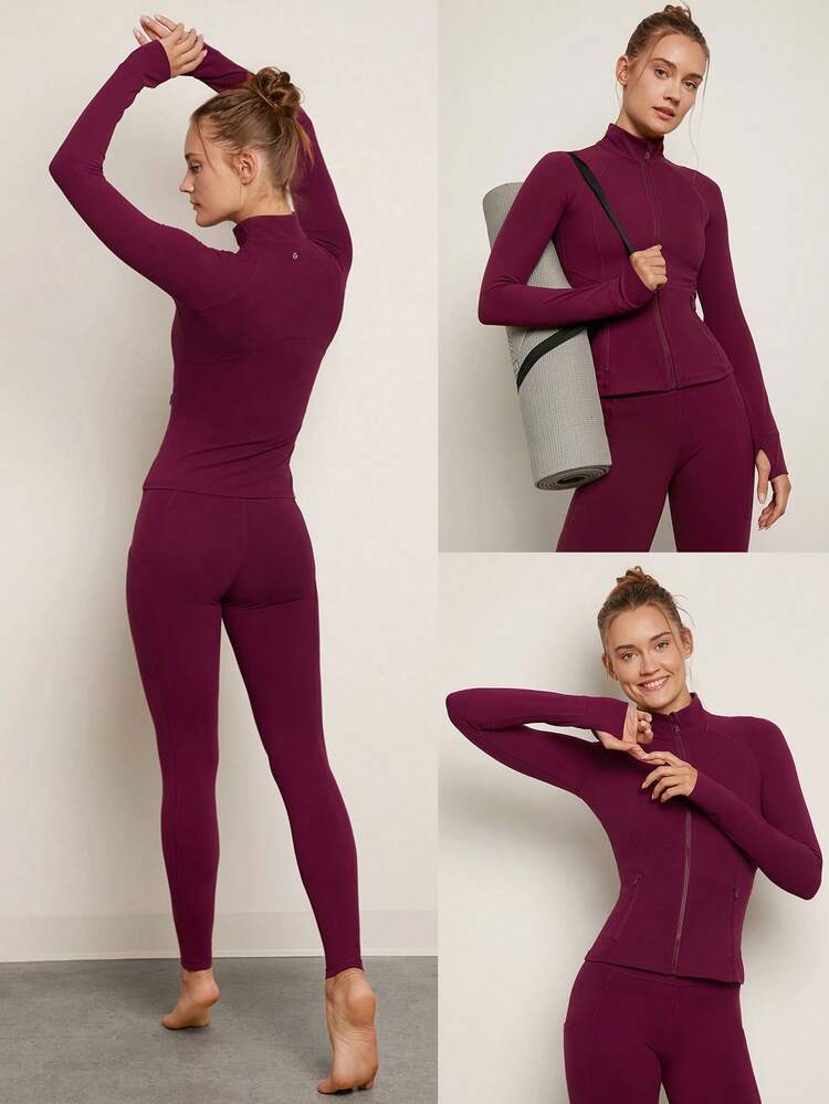 FeatherFit™ Slim-It Streamline Performance Secure Pockets Zip Up Long Sleeve Jacket Low Impact Yoga Pilates Daily Spring Summer