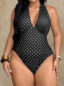 Rustia 夏季新款优雅度假法式可爱甜美波点印花露背深V领连体裤，收腰设计，露背沙滩装 - 黑與白 - 查看 5