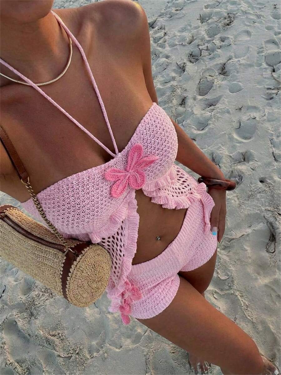 Aloruh 女款手工鉤編掛脖短版上衣,粉紅色,適合海灘度假,泳裝,女孩2件套,泳衣,可愛女裝套裝 - 淺粉色 - 查看 1