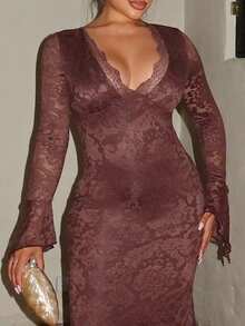 Maria Perezxox Solid Color Knit Lace Ruffle Hem Dress For Women, Vacation Going Out Outfit, Elegant Sexy Party Date Night Outfits Women, Christmas Outfit Women, Elegant Wedding Guest Outfits, Boho New Year Look, Elegant Party Outfit, Luxury Evening Outfit For Women,Dresses For Women Elegant,New Year Dress ,Elegant Party Dresses,Dresses For Women Elegant - Coffee Brown - View 6