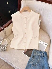 Franclia Áo dệt kim nữ màu trơn cổ tròn cài một hàng khuy, kiểu dáng thường ngày đa năng, thích hợp mặc hàng ngày. - Màu be - Xem 3