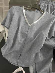 Resyla Regular Fit V-Neck Short Sleeve Top + Straight Leg Pants With Side Pockets - Light Grey - View 4