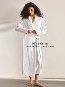 Ocili Cotton Embroidered Lace Double-Layer Crinkle Cotton Soft & Comfortable Robe With Frill Trim For Women - White - View 1