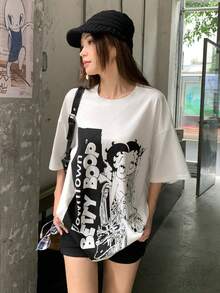 DAZY 女款卡通印花圓領落肩休閒寬鬆大尺寸夏季圖案T恤 - 白色 - 查看 3