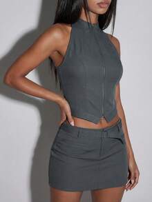 Normani 女士夏季休闲简约纯色拉链前开露背吊带上衣和系带半身裙两件套 - 深灰色 - 查看 6