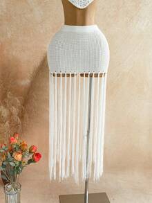 Soleia 女士不对称下摆吊带针织上衣和流苏下摆针织迷你裙两件套，度假装 - 杏色 - 查看 3