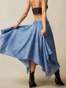 Bohemela Chân váy denim nữ kiểu retro thường ngày, in họa tiết toàn thân, vạt bất đối xứng, cạp chun. - Rửa nhẹ - Xem 2