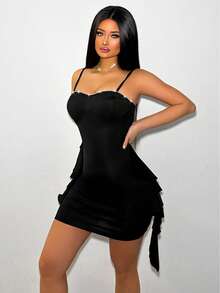 Women's Backless Dress With Ruffle Trimmed Spaghetti Straps Mini Short Women Outfit - Black - View 6