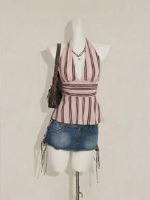 SHEIN ICON Áo tank top nữ kiểu dáng thường ngày, cổ chữ V khoét sâu, hở lưng, họa tiết sọc cổ điển Mỹ, phong cách Y2K, mùa hè. - Nhiều màu - Xem 4