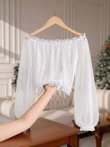 GlowEve Áo croptop nữ thời trang đính sequin và in họa tiết kim loại, kiểu dáng trễ vai, tay phồng, phong cách thường ngày. - trắng - Xem 3