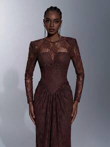 Elitara Elegant 3D Lace Round Neck Wide Shoulder Padded Sheer Long Sleeve Waist Ruched Fishtail Hem Backless Dress For Formal Weddings - Coffee Brown - View 3