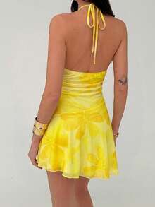 Aloruh Abito mini da donna con stampa floreale e collo a canottiera, stile vacanziero - Giallo chiaro - Visualizzare 2