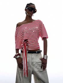 LYSMO Women's Summer Fashion Striped Rhinestone Letter Pattern Asymmetric Neck Tie T-Shirt - Red and White - View 3