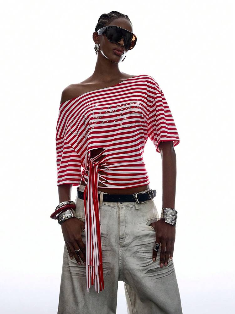 LYSMO 女士夏季时尚条纹水钻字母图案不对称领带T恤 - 紅白色 - 查看 3