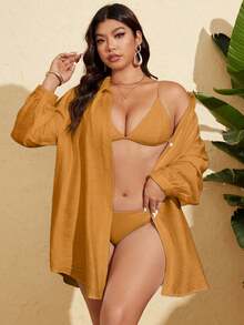 SHEIN X Sofía Suescun Swim Vcay Áo sơ mi dài tay cài cúc một dây dành cho nữ cỡ lớn, áo kiểu đi biển cỡ lớn. - trái cam - Xem 4