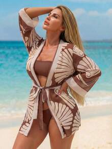 Swim Lushoire Plus Size Women Belted Printed Casual Vacation Beach Cardigan Jacket - Brown - View 5