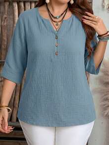 EMERY ROSE Women's Summer 3/4 Sleeve 100% Blue Double-Layer Crinkle Fabric Casual Shirt, Suitable For Spring & Summer - Blue - View 6