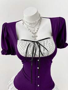 Sunspun Áo thun ngắn tay phối chấm bi cổ điển, áo cổ tròn đa năng tôn dáng với tay phồng, áo crop top đen ôm sát gợi cảm, áo thun phối chấm bi nghệ thuật dành cho nữ, áo tank top không tay đa năng. - Màu tím - Xem 8