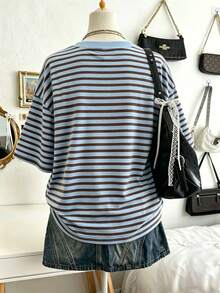 EMERY ROSE Plus Size Women's Pattern Digital Stripe Print Fashionable Minimalist Round Neck Women's T-Shirt - Multicolor - View 2