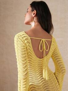Anewsta Solid Color Sexy Hollow Wave Flare Sleeve Beach Dress - Pale Yellow - View 6
